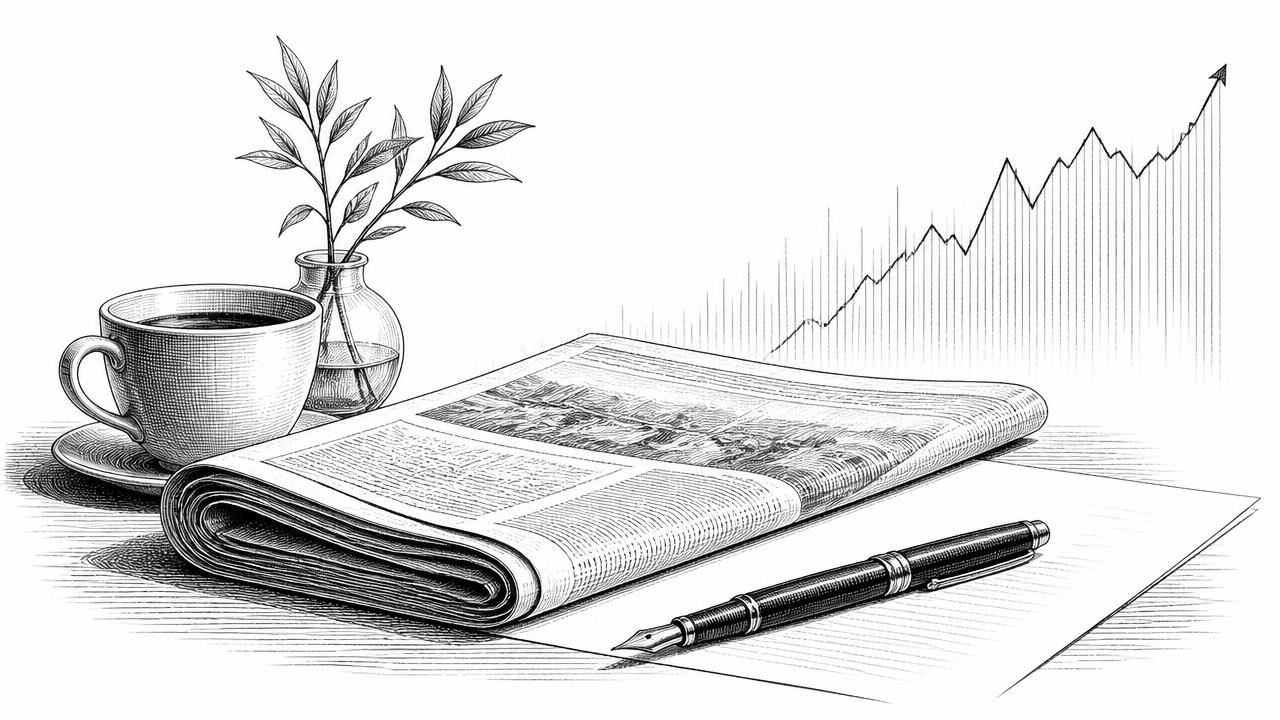Sunday preparation — newspaper, pen and a rising market chart